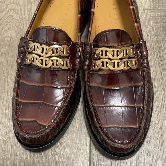 Sandro Brown Leather Croc Embossed Loafers Gold Chain Womens Size 37 US 6.5 NEW - Picture 3 of 11